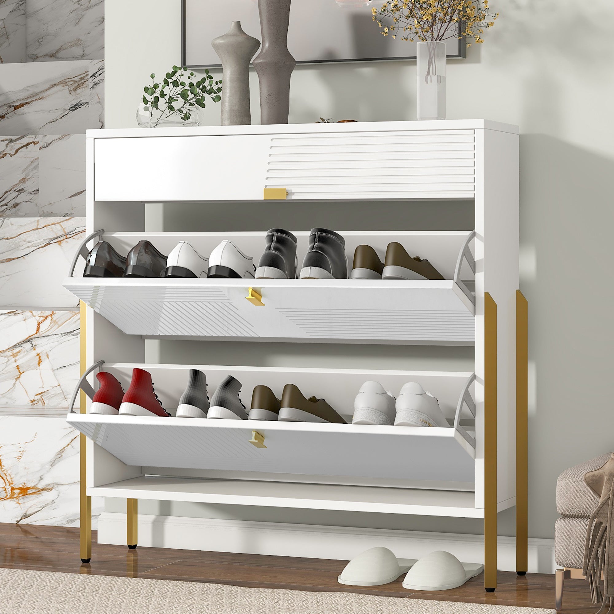 Shoe Cabinet with 2 Flip Drawers & 1 Slide Drawer, Modern Free Standing Shoe Rack for Heels, Boots, Slippers,Shoe Storage Cabinet for Entryway, Hallway