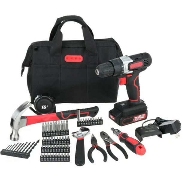 20V Max Lithium-Ion 3/8 inch Cordless Drill;  70-Piece Home Tool Set;  1.5Ah Lithium-Ion Battery & Charger;  Bit Holder;  & Storage Bag Moorescarts