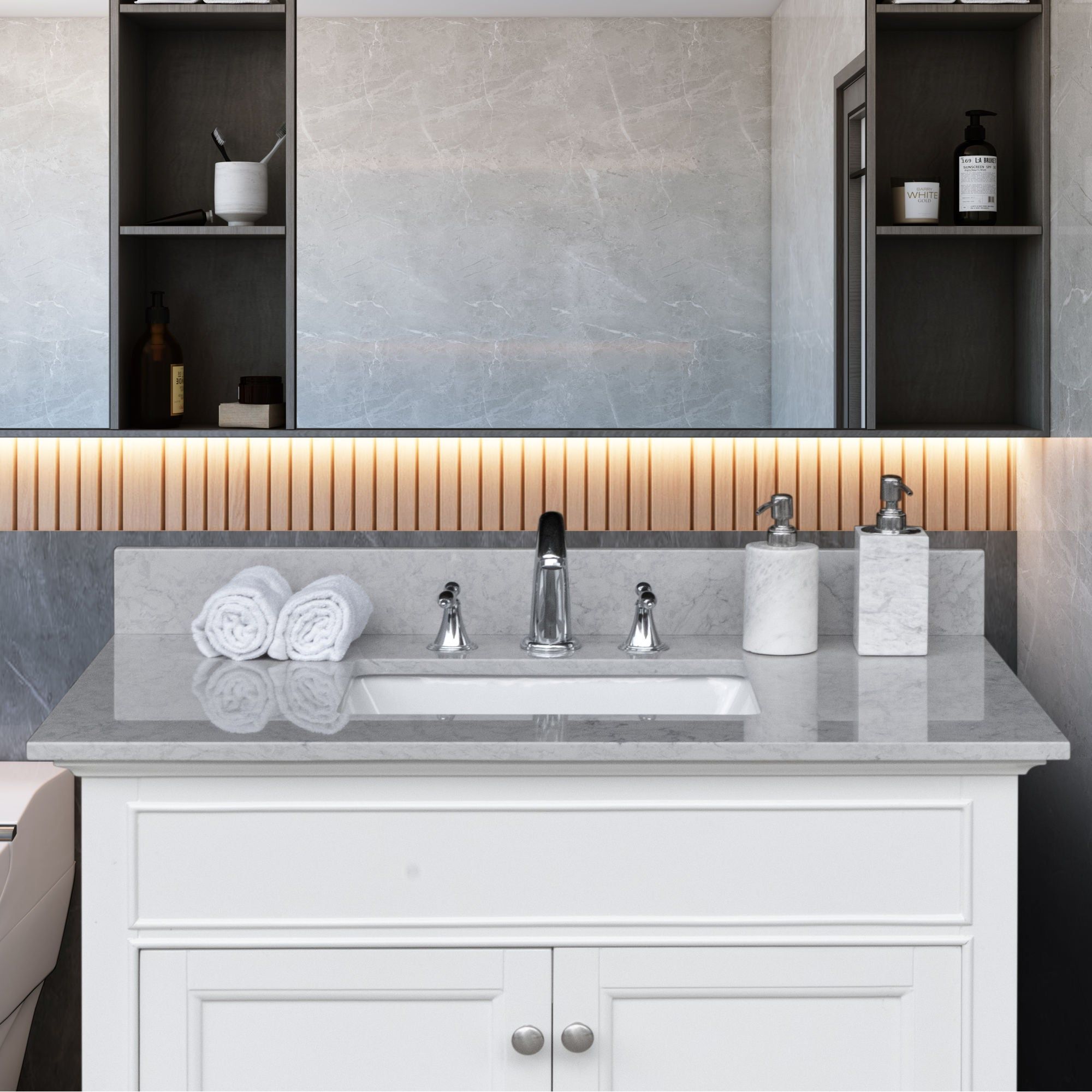 31 inches bathroom stone vanity top calacatta gray engineered marble color with undermount ceramic sink and 3 faucet hole with backsplash Moorescarts