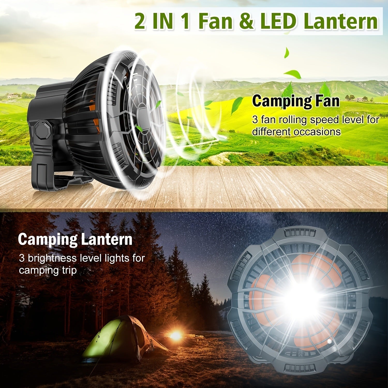 1pc Camping Fan For Tent; 2 In 1 Rechargeable USB Tent Ceiling Fan With LED Light Hanging Hoop; Desk Fan For Outdoor Camping Home Office Car Emergency Outages Moorescarts