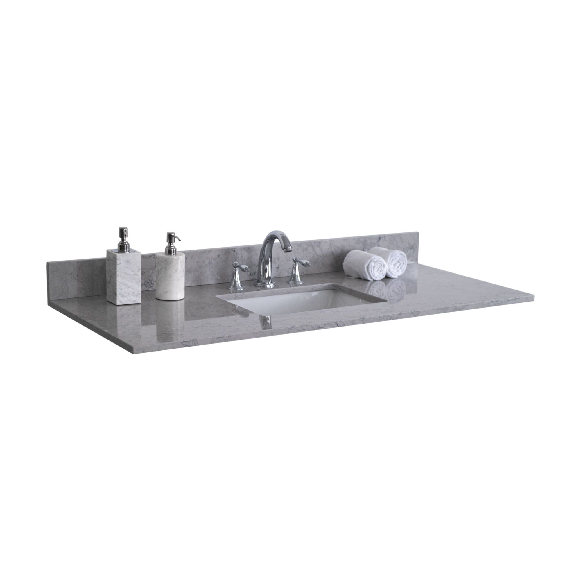 37 inches bathroom stone vanity top calacatta gray engineered marble color with undermount ceramic sink and 3 faucet hole with backsplash Moorescarts