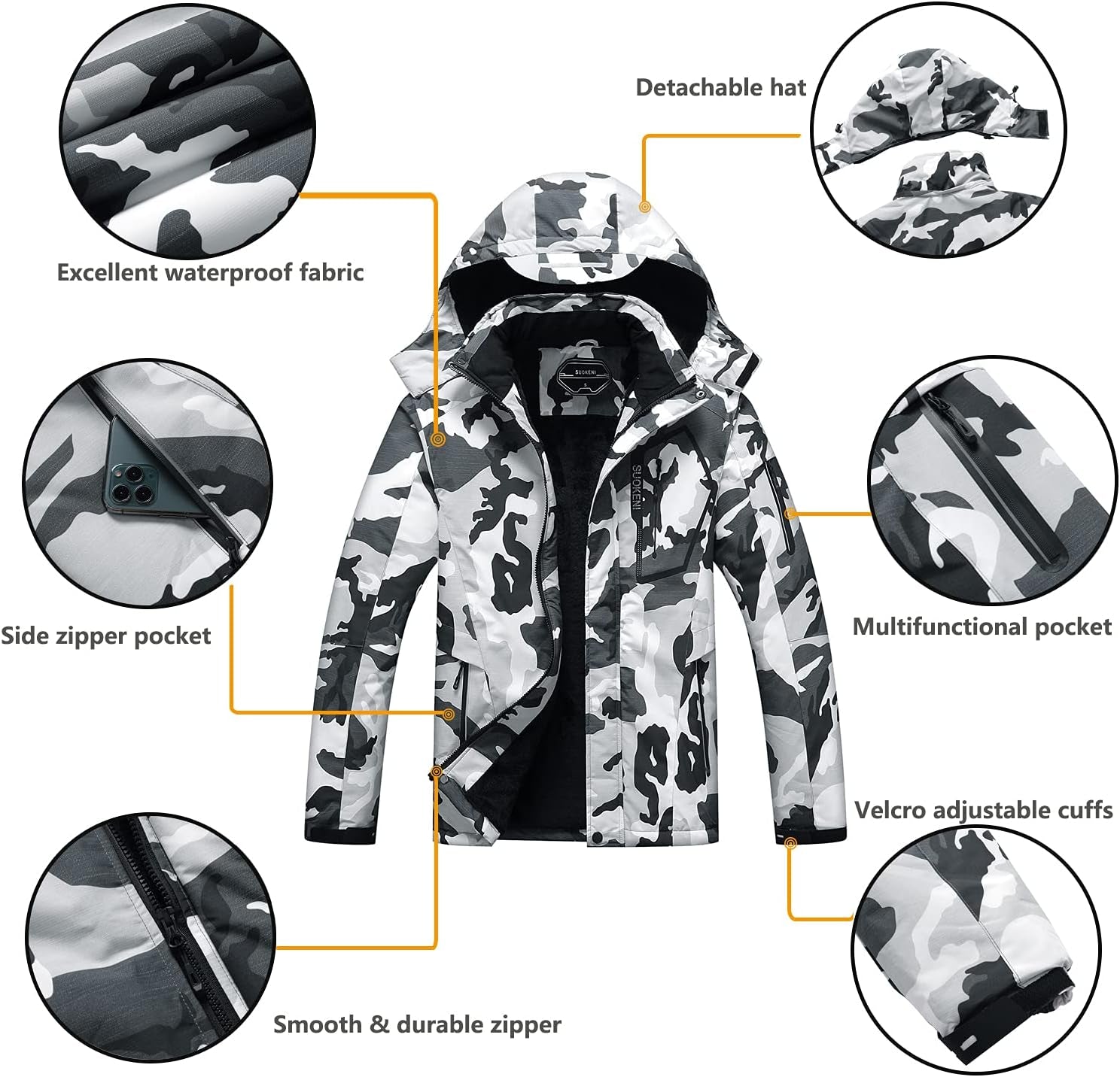 Men'S Waterproof Ski Jacket Warm Winter Snow Coat Hooded Raincoat
