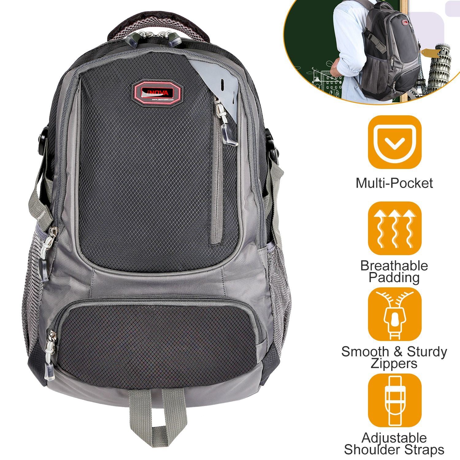 Unisex School Backpack Casual Travel Shoulder Bag W/ Adjustable Straps Dual-Water Bottle Pouch - Moorescarts