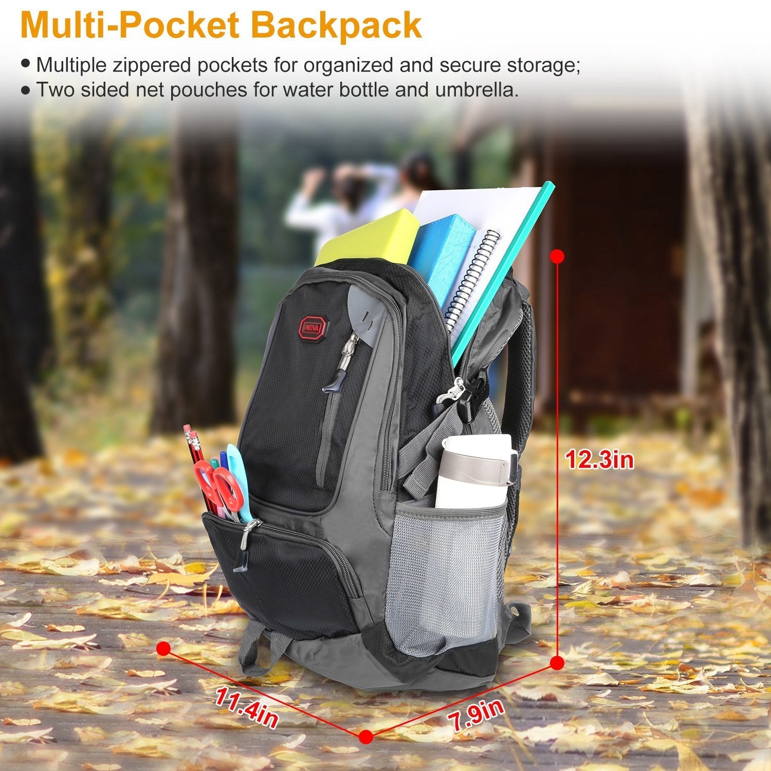 Unisex School Backpack Casual Travel Shoulder Bag W/ Adjustable Straps Dual-Water Bottle Pouch - Moorescarts