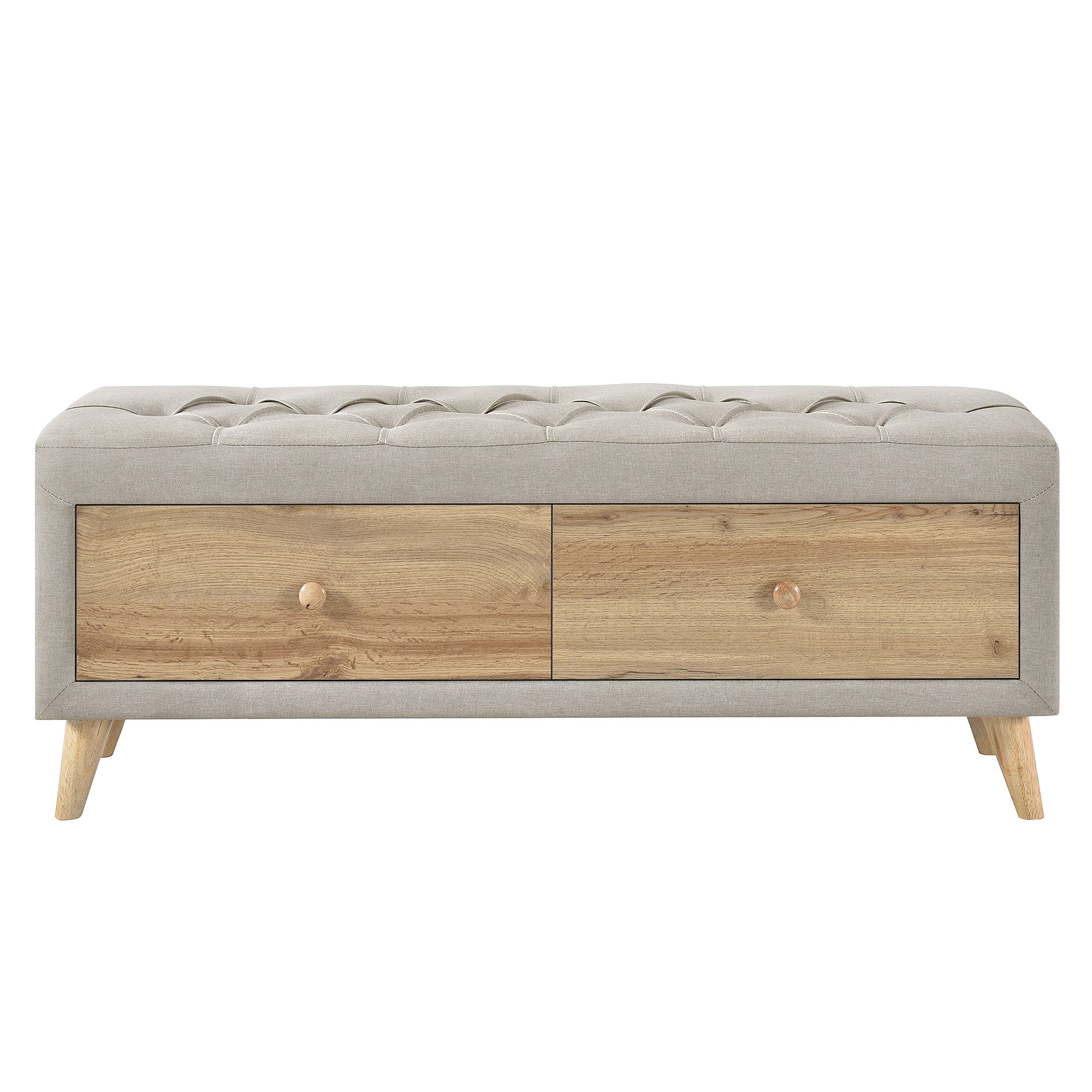 Upholstered Wooden Storage Ottoman Bench with 2 Drawers For Bedroom; Fully Assembled Except Legs and Handles; Padded Seat with Rubber Wood Leg-Beige - Moorescarts
